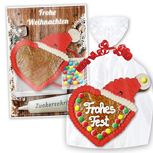 Bastelset: Lebkuchen Rohling - Herz mit Weihnachtsmütze 12cm - rot weiss - inkl. Bastel Zubehör | Rohlinge selber gestalten & beschriften Basteln mit Kindern zu Weihnachten von LEBKUCHEN WELT von Lebkuchenwelt