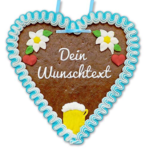 Individuelles Lebkuchenherz 21 x 22cm mit Wunschtext online konfigurieren - Farbe: blau-weiß - bayrische Deko mit Bierkrug und Edelweiß - persönliches Wiesn-Geschenk von Lebkuchenwelt