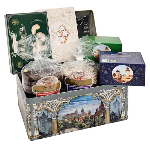 LEBKUCHEN WELT Silbertruhe Nürnberger Altstadt mit Lebkuchen ca. 1070g Lebkuchentruhe Metallbox Geschenkbox Lebkuchen Gebäckmischung Präsentdose von Lebkuchenwelt