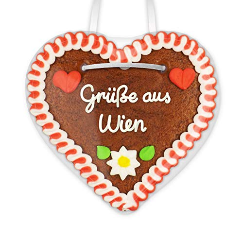 Lebkuchenherz 12cm mit Spruch - Grüße aus Wien | Lebkuchen Herz Geschenkideen | Give aways & nette Grüße verschicken | Kleine Oktoberfest Lebkuchenherzen günstig bestellen von LEBKUCHEN WELT von Lebkuchenwelt