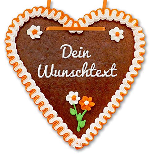 Lebkuchenherz Individuell 21 x 22cm mit Wunschtext online selber Beschriften - Farbe: orange-weiß - kreative Geschenkidee für Sie & Ihn von Lebkuchenwelt