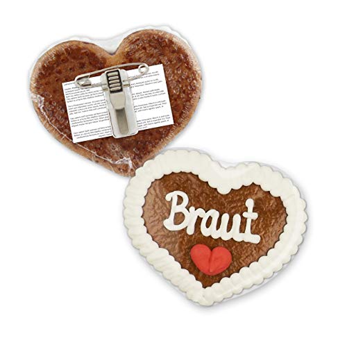 Lebkuchenherz mit Anstecker - Braut - 8x8cm | Herz Anstecker für Hochzeit | JGA Buttons & Anstecker | Jungesellinnenabschied Ideen für Frauen | Ideen für Hochzeit & JGA von LEBKUCHEN WELT von Lebkuchenwelt