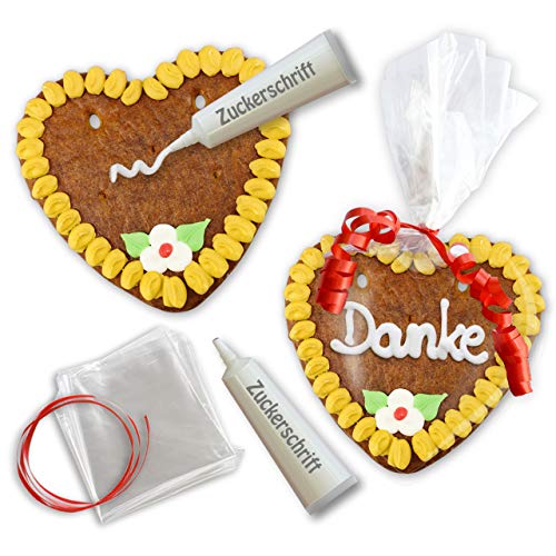 Lebkuchenherz Rohlinge zum Beschriften mit Zuckerguss-Tube - Set - 15cm - Randfarbe: Gelb von LEBKUCHEN WELT von Lebkuchenwelt