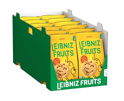 LEIBNIZ Fruits Apfel, 12er Pack, Dinkelkekse mit Apfelgeschmack, kleine Kekse mit 100 % Dinkelmehl & der Süße aus Früchten, Nutri-Score A, vegan, Großpackung als Vorrat oder zum Verkauf (12 x 100 g) von Leibniz