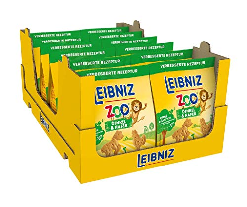 LEIBNIZ ZOO mit Dinkel & Hafer - 12er Pack – Mini-Butterkekse in lustigen Tier-Motiven für Kinder - ohne Palmöl – im Vorteilspack (12 x 125 g) von Leibniz