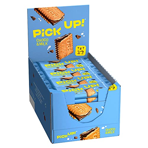 PiCK UP! Choco&Milk (24 x 28 g), Keksriegel mit knackiger Milchschokolade und Milchcreme zwischen zwei Keksen, der Snack für unterwegs, Thekenaufsteller mit 24 Stück von PiCK UP!