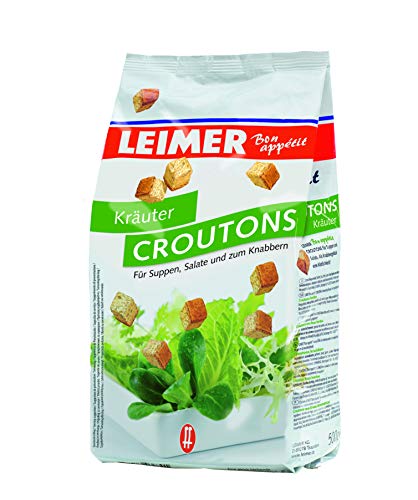 LEIMER Croutons Kräuter 500 g - Zart geröstet, mit Gewürzen verfeinert, aus frisch gebackenem Weißbrot, perfekt für Salate, Suppen, Knabbergebäck (1 x 500g) von Leimer