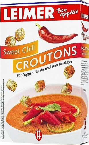 LEIMER Croutons Sweet Chili 100 g - Zart geröstet, mit Gewürzen verfeinert, aus frisch gebackenem Weißbrot, perfekt für Salate, Suppen, Knabbergebäck - Vegan (1 x 100g) von Leimer