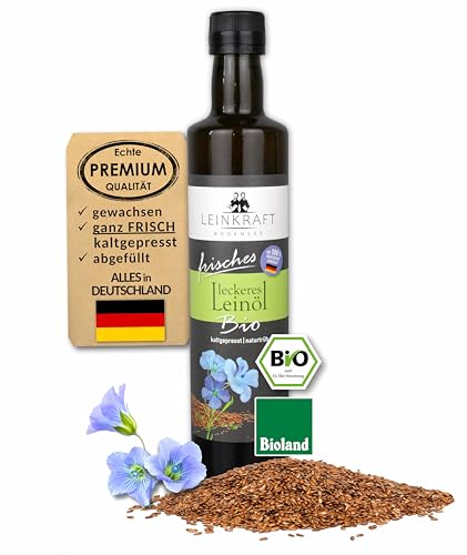 Bio-Leinöl 250ml frisch gepresst und lecker - 100% deutsche Bioland Leinsaat - ungefiltert reich an Omega 3 und Lignanen Leinsamenöl in Rohkostqualität von Leinkraft Bodensee