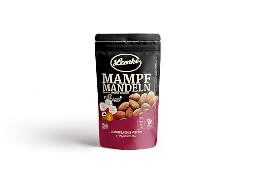 Lemke Mampfmandeln 175g Packung– Ganze Mandeln geröstet, ohne Salz, ohne Öl – Knackiger Snack - volles Aroma durch Feuerröstung von Lemke - Feines Berliner Marzipan seit 1902