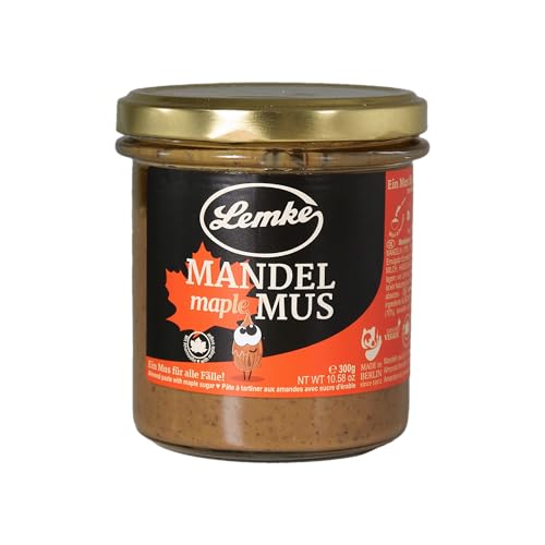 LEMKE Deluxe Mandelmus mit Ahornzucker 300g –Leicht Crunchy, angenehme Süße – Perfekt als Topping oder Aufstrich – Vegan – Aus dem Traditionshaus Lemke - made in Berlin – Nussspezialist seit 1902 von Lemke - Feines Berliner Marzipan seit 1902