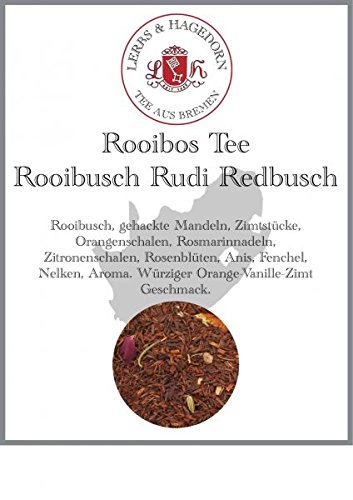 Lerbs & Hagedorn, Rooibos Tee Rooibusch Rudi Redbusch | Orange-Vanille-Sahne Geschmack 1kg (Ca. 81 Liter) Gehackte Mandeln, Zimtstücke von Lerbs & Hagedorn