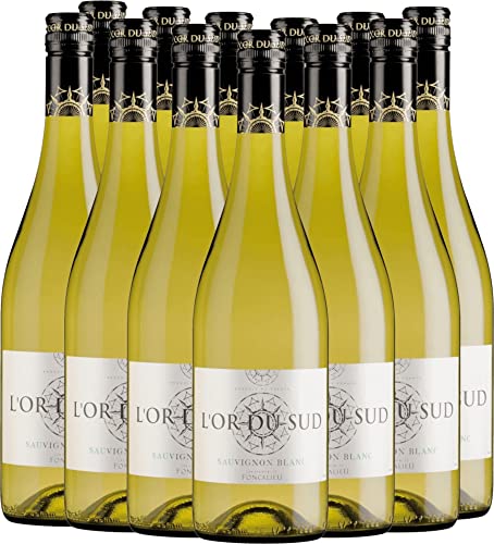 VINELLO 12er Weinpaket Weißwein - L'Or du Sud Sauvignon Blanc - Les Vignobles Foncalieu mit einem VINELLO.weinausgießer | 12 x 0,75 Liter von Les Vignobles Foncalieu