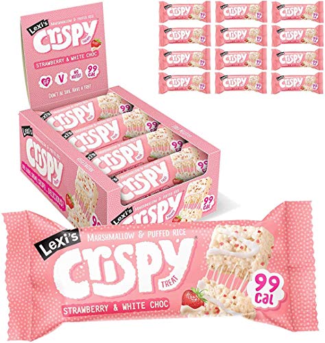 Crispy Treats Strawberry & White Chocolate 12er Box | Marshmallow Rice Crispy Riegel mit nur 99 Kalorien - Healthy to go Snack von Lexi's