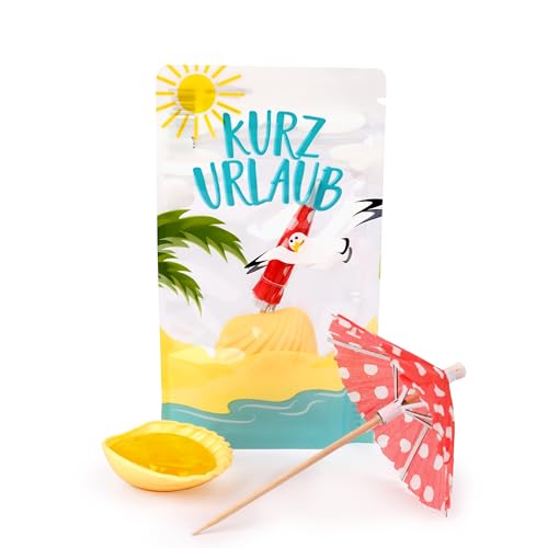 Kurzurlaub Schleckmuschel & Cocktail-Schirmchen – Süßer Spaß mit Urlaubsstimmung | Lustige Geschenkidee für Kollegen und Freunde - 9g Zuckerleckerei, inklusive Sonnenschirm von Liebeskummerpillen von Liebeskummerpillen