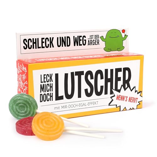 "Leck mich doch"-Lutscher – 3er Set Edelfrucht-Lollis (45g) in Grün, Gelb und Orange - Spaßgeschenk oder Mitbringsel - Anti-Stress Lutscher mit dem "Mir doch egal"-Effekt von Liebeskummerpillen von Liebeskummerpillen