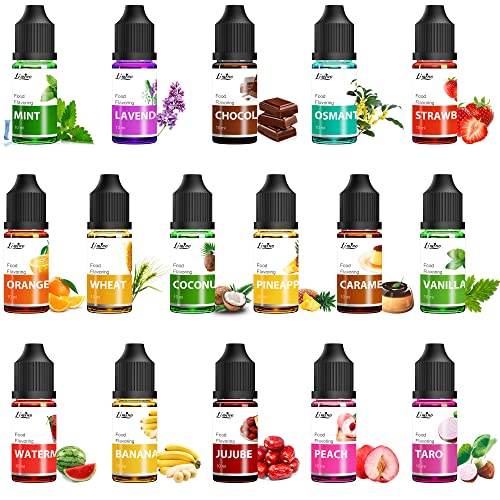 Lebensmittelarom, Food Flavour Drops - 16 Konzentrierte Lebensmittel Aromaöl Flavor Oil zum Backen, Kochen, Süßigkeiten - Wasser- und öllösliches Lipgloss Aromaöl für die Seifen, Getränke - je 10 ml von Limino