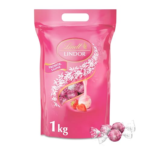 Lindt LINDOR Schokoladen| 1 kg Beutel, wiederverschließbar | ca. 80 Kugeln weiße Schokolade mit Erdbeer-Sahnecrème | Großpackung, Pralinen-Geschenk von Lindt