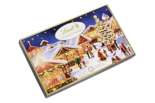 Lindt Schokolade Weihnachts-Markt Pralinés , 4 x 130 g , 12 weihnachtliche Pralinen in 3 Sorten , zum Teil alkoholhaltig , Schokoladengeschenk zu Weihnachten , Pralinen-Geschenk von Lindt & Sprüngli