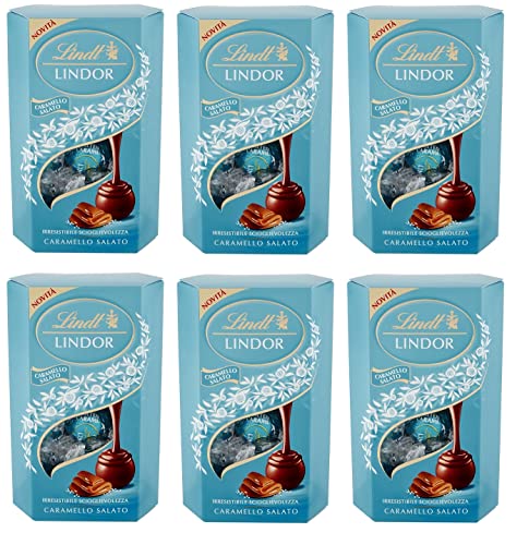 6x Lindt Lindor Caramello Salato Praline Pralinen mit Milchschokolade und Salzkristalle mit weicher gesalzener Karamell Füllung 200g von Lindt