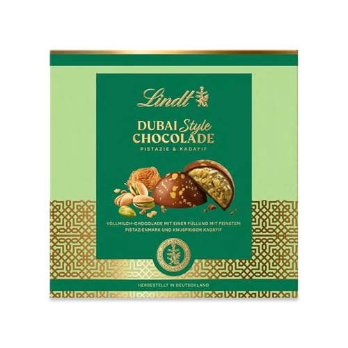 Dubai Style Pralinés | 90g Pralinés | Exquisite Vollmilchschokolade mit edlem Pistazienmark, knusprigem Pistazien- und Mandelkrokant und zarter Kadayif-Füllung | Pralinés | Schokoladengeschenk von Lindt