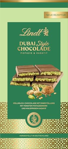 Lindt Dubai Style Chocolade | 145g Tafel | Feinste Vollmilch-Chocolade mit feinster Pistazienmark, Pistazien- und Mandelkrokant und knuspriger Kadayif Füllung | Schokoladentafel | Schokoladengeschenk von Lindt