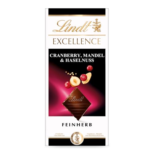 Lindt EXCELLENCE Cranberry, Mandel & Haselnuss - Feinherbe Schokolade | 100 g Tafel | Mit Cranberry-, Mandel- & Haselnuss-Stückchen | Intensiver Kakao-Geschmack | Dunkle Schokolade von Lindt