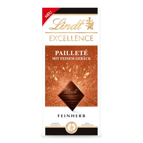 Lindt EXCELLENCE Pailleté Gebäckstückchen - Feinherbe Schokolade | 100g Tafel | Mit knusprigen Gebäckstückchen | Intensiver Kakao-Geschmack | Dunkle Schokolade von Lindt