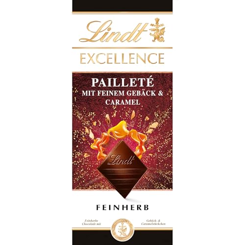 Lindt EXCELLENCE Pailleté Gebäckstückchen & Caramel - Feinherbe Schokolade | 100g Tafel | Mit knusprigen Gebäckstückchen und Cramel | Intensiver Kakao-Geschmack | Dunkle Schokolade von Lindt