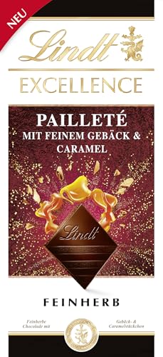 Lindt EXCELLENCE Pailleté Gebäckstückchen & Caramel - Feinherbe Schokolade | 100g Tafel | Mit knusprigen Gebäckstückchen und Cramel | Intensiver Kakao-Geschmack | Dunkle Schokolade von Lindt