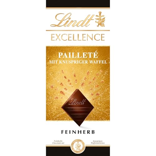 Lindt EXCELLENCE Pailleté Waffelstückchen - Feinherbe Schokolade | 100g Tafel | Mit knusprigen Waffelstückchen | Intensiver Kakao-Geschmack | Dunkle Schokolade von Lindt