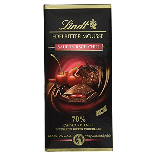 Lindt Edelbitter Mousse Sauerkirsch Chilli, dunkle Chocolade mit Sauerkirsch-Chili-Füllung auf dunkler Mousse au Chocolat, glutenfrei, laktosefrei, 150g von Lindt