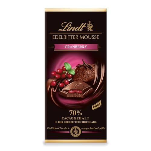 Lindt Schokolade Edelbitter Mousse Cranberry | 150 g Tafel | Mit 70 % Kakaogehalt und dunkler Mousse au Chocolat und Cranberry Füllung | Schokoladentafel | dunkle Schokolade von Lindt