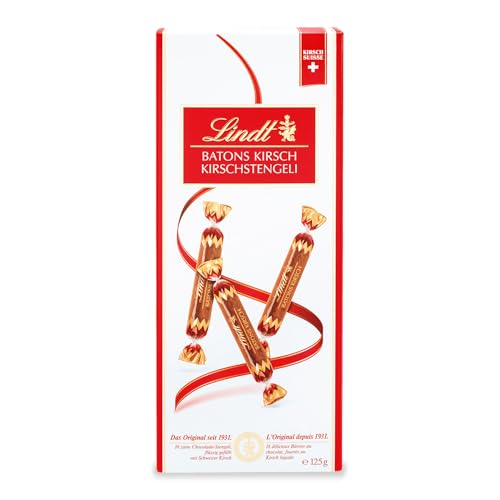 Lindt Schokolade Batons Kirschstengeli | 125 g | 16 Vollmilchschokoladestengli gefüllt mit flüssigem Schweizer Kirschlikör | Pralinengeschenk mit Alkohol | Schokoladengeschenk von Lindt