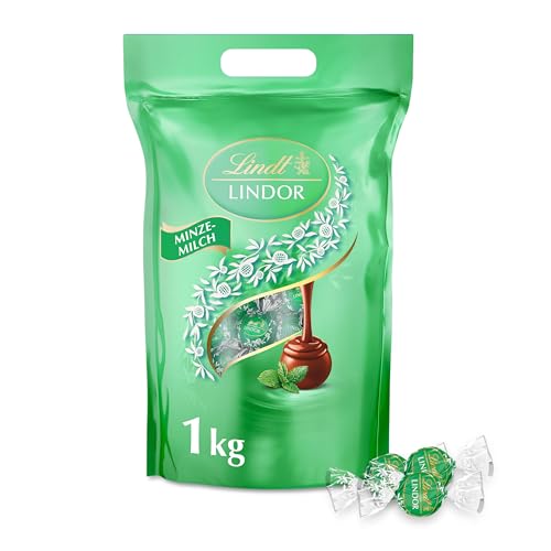 Lindt LINDOR, Minze Milch Schokolade Kugeln Beutel, 1kg Beutel wiederverschließbar, ca. 80 Kugeln, Großpackung, Pralinen-Geschenk, Schokoladengeschenk von Lindt