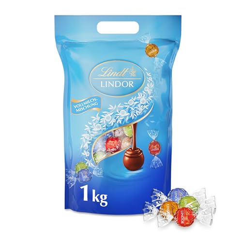 Lindt Schokolade LINDOR Kugeln Vollmilch Mischung | 1 KG Beutel, wiederverschließbar | ca. 80 Kugeln in 4 Sorten (Milch, Pistazie, Milchcrème, Caramel) | Großpackung | Schokoladengeschenk von Lindt