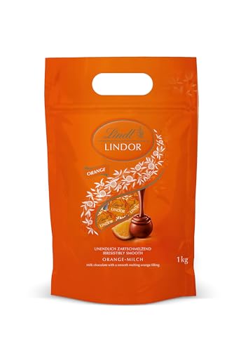 Lindt LINDOR Schokoladen Kugeln Orange-Milch, 1 kg Beutel, wiederverschließbar, ca. 80 Stück, mit zartschmelzender Füllung, Pralinen-Geschenk, 1er Pack von Lindt