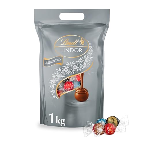 Lindt LINDOR Silber Mischung | 1 kg Beutel| 78 Schokoladen Kugeln |Milch, 70%, Salted Caramel, Double Chocolate mit zartschmelzender Füllung | Großpackung | Pralinen Geschenk | Schokoladengeschenk von Lindt