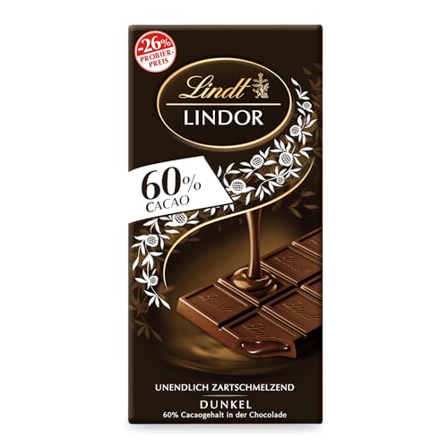 Lindt LINDOR Tafel 60% Kakao Extra Dunkel Promotion | 100g feinherbe Schokolade | Zartschmelzende, dunkle Schokolade von Lindt