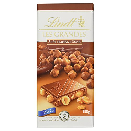 Lindt Les Grandes Milch Tafel, ganze Nüsse und knusprig caramelisierte Nussstückchen in feinster Vollmilch Chocolade, glutenfrei, 150g von Lindt