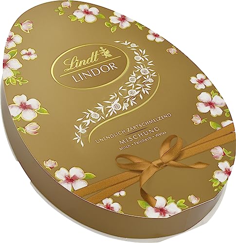 Lindt Lindor Eier Mix Oster-Blüten, Osterei-Dose, unendlich zartschmelzende Lindor Eier in den Sorten Milch, Dark und Weiß, 1er Pack (1 x 150 g) von Lindt