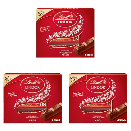 Lindt Lindor Vollmilch Sticks, Vollmilch-Schokolade, Schokoladenriegel im Multipack, 4 Sticks, 100g (Packung mit 3) von Lindt