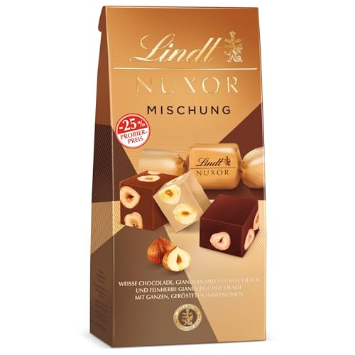 Lindt NUXOR Beutel Mischung, Promotion | 103g Beutel | Cremige Gianduja Schokolade (Weiss, Vollmilch und Feinherb) mit ganzen, gerösteten Haselnüssen | Pralinen Geschenk | Schokoladengeschenk von Lindt