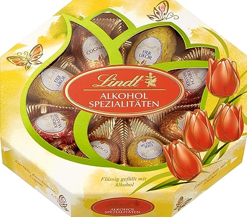 Lindt Schokolade Alkohol-Spezialitäten Eier| 144 g | Vollmilch-Eier mit flüssiger alkoholischer Füllung (Cognac, Eierlikör-Eier, Kirschwasser) | Oster Schokolade | Schokoladengeschenk | Ostereier von Lindt