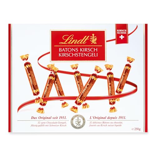 Lindt Schokolade Batons Kirschstengeli | 250 g | 32 Vollmilchschokoladestengli gefüllt mit flüssigem Schweizer Kirschlikör | Pralinengeschenk mit Alkohol | Schokoladengeschenk von Lindt