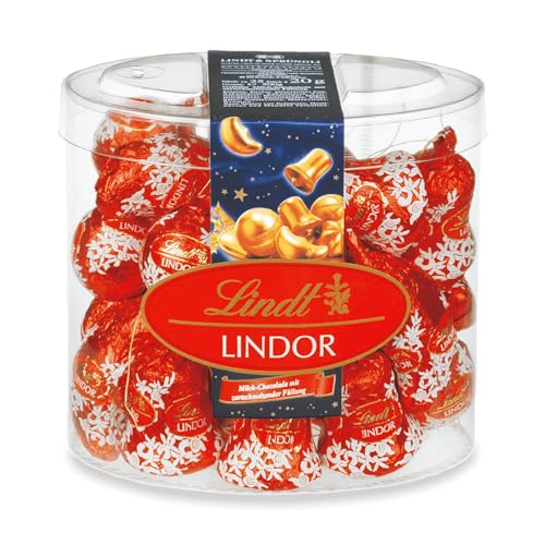 Lindt Schokolade Baumbehang LINDOR Milch, 500 g Köcher, LINDOR Mond, Kugel und Glocke mit unendlich zartschmelzender Füllung, Schokoladengeschenk zu Weihnachten, Pralinen-Geschenk von Lindt