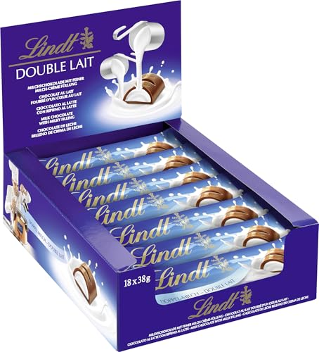 Lindt Schokolade Doppelmilch Riegel | 18 x 38 g Riegel im Thekendisplay | Feine Vollmilch-Schokolade mit Milchcremefüllung | Schokoladen Großpackung | Schokoladengeschenk | Schokoriegel von Lindt