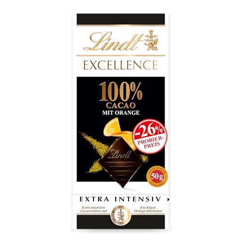 Lindt Schokolade EXCELLENCE 100 % Kakao und Orange, Promotion | 50 g Tafel | Mit 100 % Kakaoanteil und fruchtigen Orangen Stückchen | Dunkle Schokolade | Vegane Schokolade von Lindt