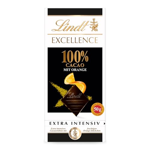 Lindt Schokolade EXCELLENCE 100 % Kakao und Orange | 50g Tafel | Extra intensiv | Mit 100 % Kakaoanteil und fruchtigen Orangen Stückchen | Dunkle Schokolade | Vegane Schokolade | Schokoladentafel von Lindt