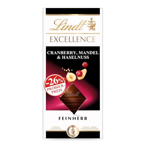 Lindt Schokolade EXCELLENCE Cranberry, Mandel & Haselnuss, Promotion | 100 g Tafel | Feinherbe Schokolade mit Cranberry-, Mandel- und Haselnussstückchen | Schokoladentafel | Schokoladengeschenk von Lindt